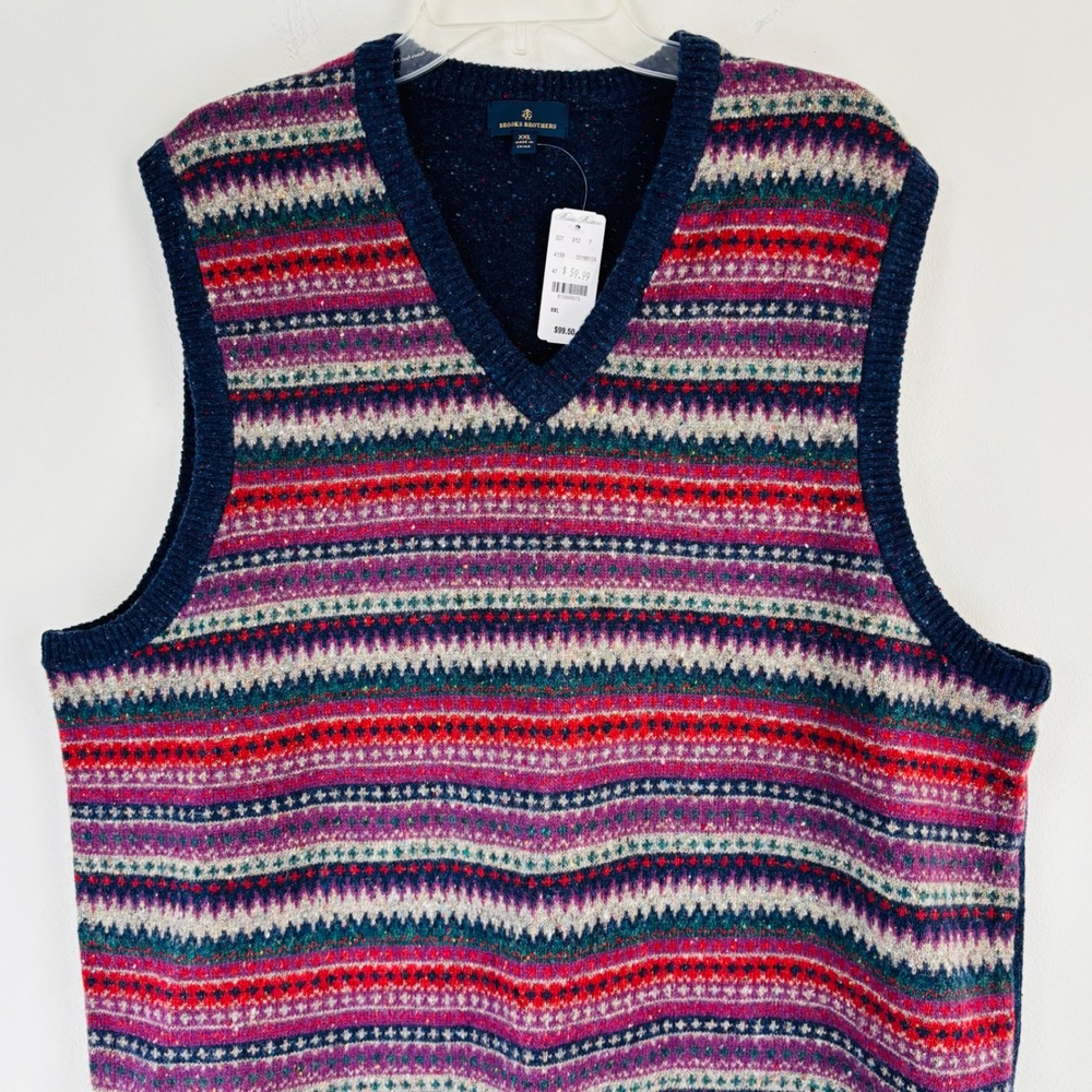 Brooks Brothers Sweater Vest Mens Blue Fair Isle Lambs Wool V Neck XXL - Picture 3 of 9
